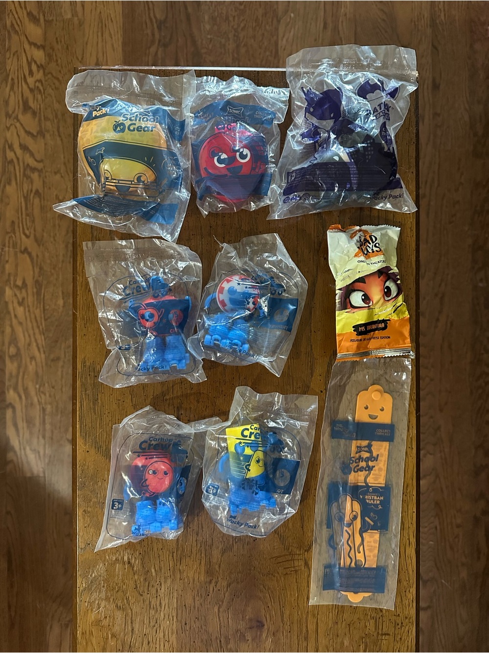 9 Sonic Wacky Pack Kids Meal Toys-Batman MsTarantula Carhop Crew School Gear NWT